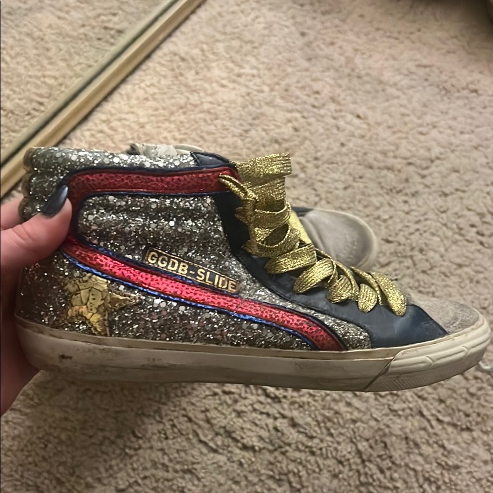 Golden Goose Silver Glitter Sneakers with Gold Laces